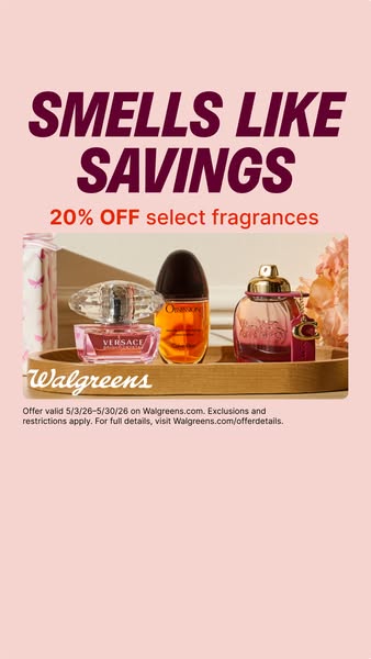 This ad for Walgreens advertises a sale of 20% off select fragrances. Four fragrances are displayed on a wooden tray, wi