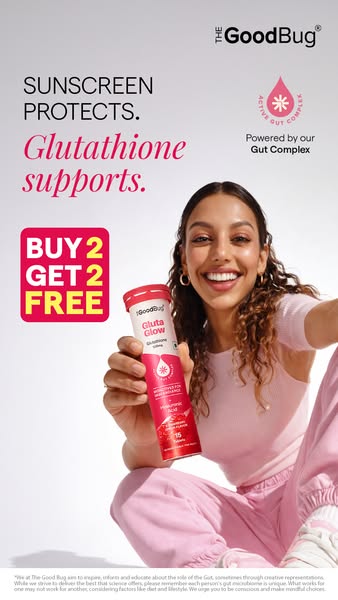 The ad promotes The Good Bug's Gluta Glow supplement, highlighting its support for glutathione levels, which work in