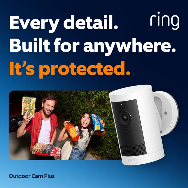 This Ring ad highlights the Ring Outdoor Cam Plus's detailed video, versatile placement, and comprehensive protectio