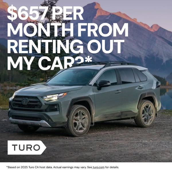An image ad for Turo features a parked SUV with mountains in the background. The text overlay states potential monthly e