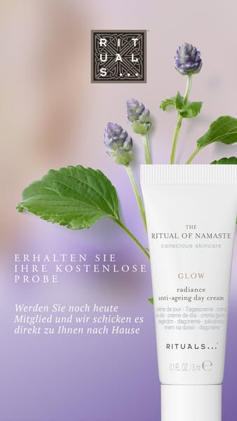 This image ad for Rituals promotes a free sample of their anti-aging day cream. The ad features the product tube next to