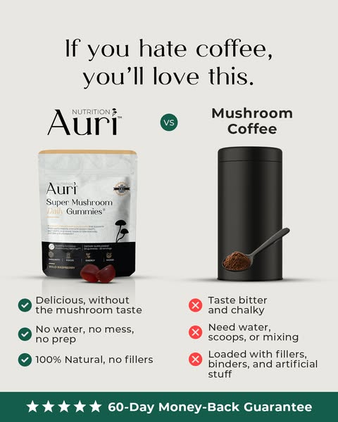 This image ad compares Auri Super Mushroom Daily Gummies to mushroom coffee. The ad suggests that Auri's mushroom gu