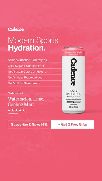 This image ad for Cadence Daily Hydration focuses on hydration for athletes with a zero sugar and caffeine free electrol