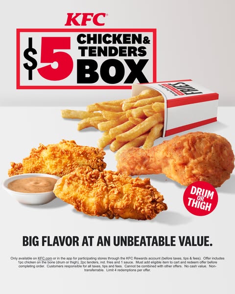 This image ad promotes KFC's $5 Chicken & Tenders Box, emphasizing its big flavor at an unbeatable value. It sho