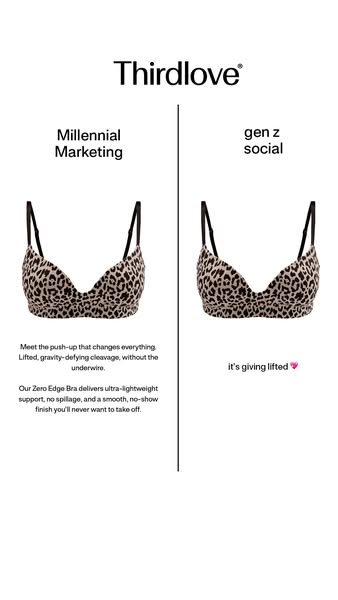 This image ad contrasts millennial and Gen Z approaches to marketing the same Thirdlove bra. The left side uses descript