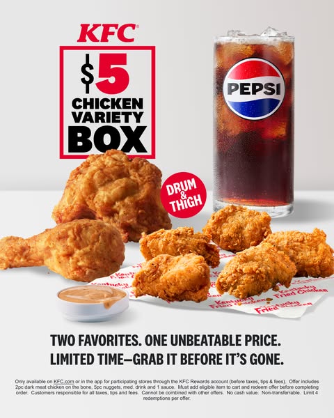 This image ad for KFC promotes their $5 Chicken Variety Box with a drumstick and thigh, 5-piece nuggets, a medium drink,