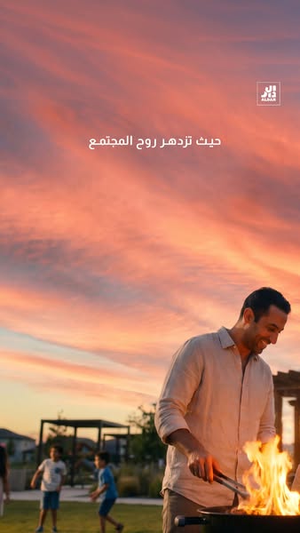The ad shows a man grilling outdoors while two children play in the background, suggesting a community-oriented lifestyl