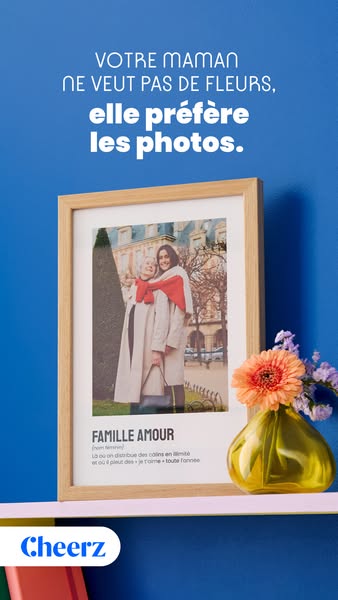 This image ad showcases a framed photo from Cheerz as a potential gift idea for moms who prefer photos over flowers. It 
