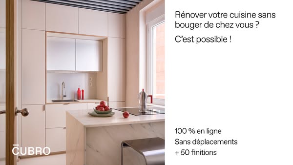 This single image ad for Cubro promotes their online kitchen renovation service. The ad features a modern kitchen with a