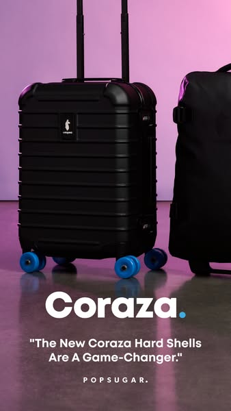 This ad features a black Coraza hard shell suitcase with blue wheels alongside a black backpack. The ad includes a quote