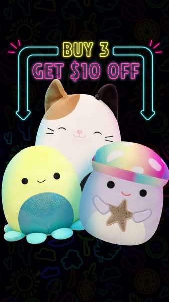 The image ad showcases three Squishmallow plush toys against a black background decorated with colorful outlines of vari