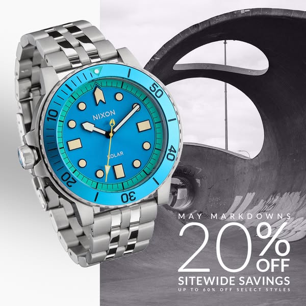 This ad features a Nixon watch with a turquoise face and stainless steel band, presented against a monochrome backdrop o