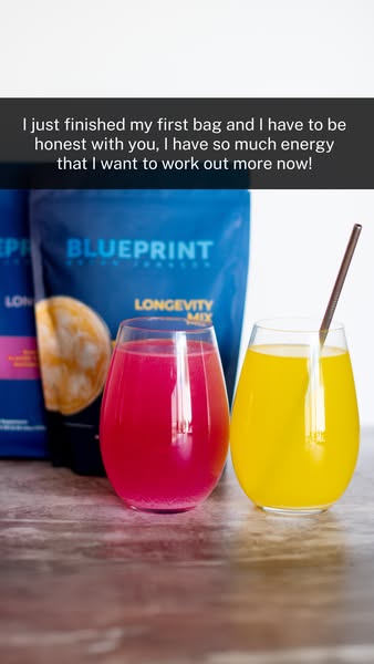 This image ad for Blueprint by Bryan Johnson features two glasses filled with different flavors of the longevity mix sup