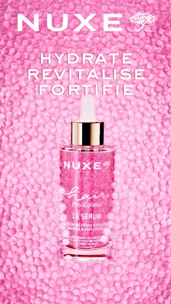 This ad for Nuxe hair serum emphasizes the product's hydrating, revitalizing, and fortifying features. The visuals s