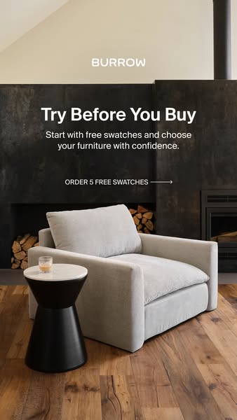 This ad for Burrow shows a chair and side table in a home setting. The ad encourages users to order 5 free swatches.