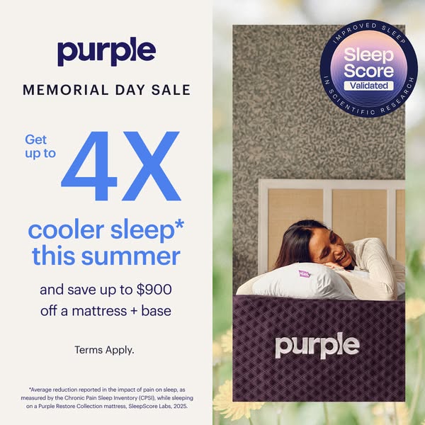 The Purple ad promotes its Memorial Day sale, offering up to 4X cooler sleep this summer and up to $900 off a mattress a