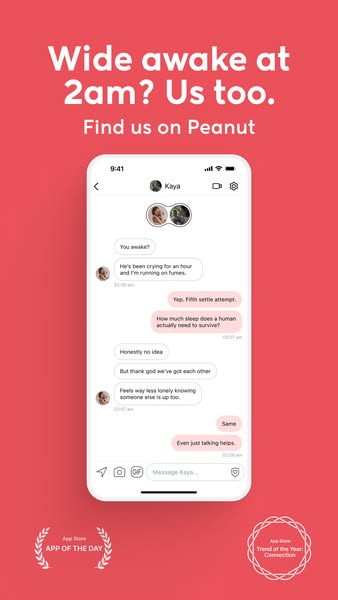 This ad for Peanut features a screenshot of a text message conversation between two users of the app. The conversation h