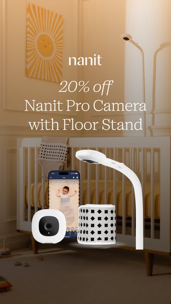 This ad promotes the Nanit Pro Camera with Floor Stand. The ad shows the product set up in a child's nursery, along 