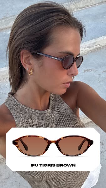 This ad features a woman wearing sunglasses and a product card showcasing the full frame.