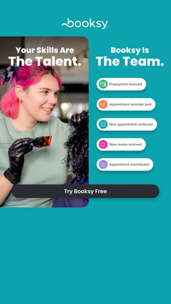 This ad features the Booksy app that helps businesses, such as beauty salons, manage incoming notifications for pre-paym