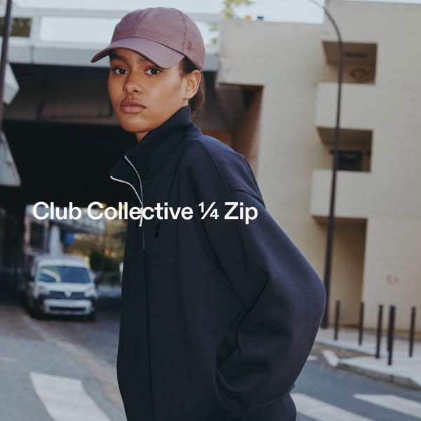 This ad showcases the Club Collective 1/4 Zip jacket from the brand, featuring a model wearing the jacket on a city stre