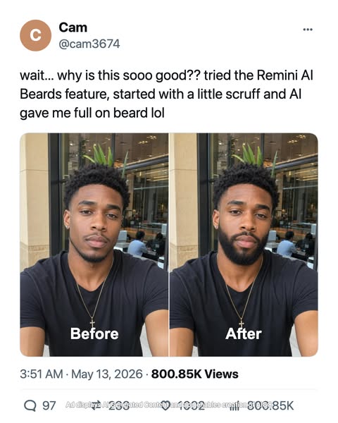 This image ad shows a before and after photo of a man who used the Remini AI Beards feature to give himself a full beard
