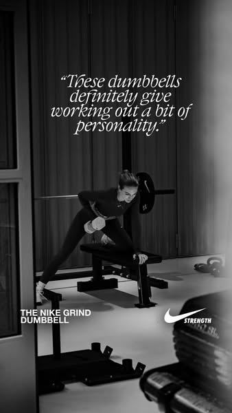 This ad features a testimonial about Nike Grind dumbbells. The ad shows a woman using the dumbbells in a gym setting. Th