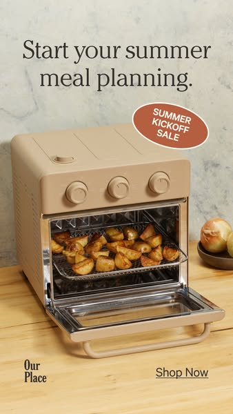 This ad for Our Place promotes a Summer Kickoff Sale. It features a beige-colored countertop oven with potatoes inside.