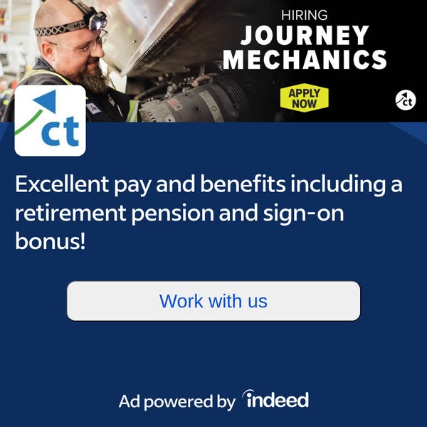 This ad is for hiring journey mechanics. It highlights excellent pay and benefits, including a retirement pension and si