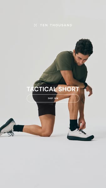 This ad features a male model wearing Ten Thousand tactical shorts. The ad highlights the shorts and promotes them for p