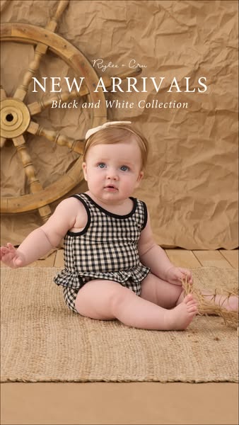 This image ad for Rylee + Cru showcases their new black and white collection, featuring a baby wearing a black and white
