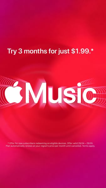 This ad promotes a limited-time offer for Apple Music, providing new subscribers with three months of service for $1.99.