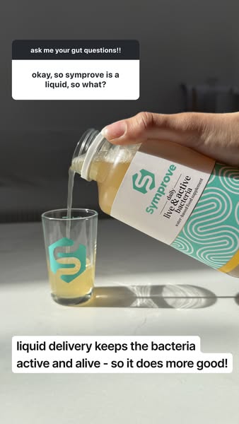 This ad features a person pouring Symprove liquid into a glass. The ad also makes the claim that liquid delivery keeps t