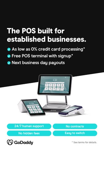 The ad showcases GoDaddy's POS system as a solution for established businesses, highlighting features such as low cr