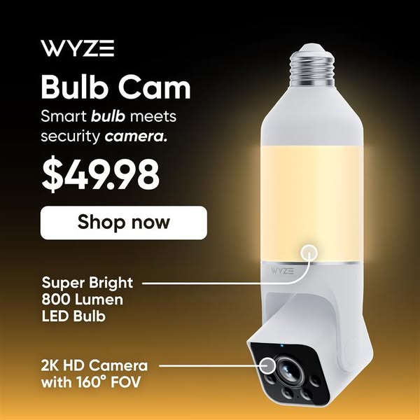 This image ad showcases the Wyze Bulb Cam, emphasizing its dual functionality as a smart bulb and security camera. It hi