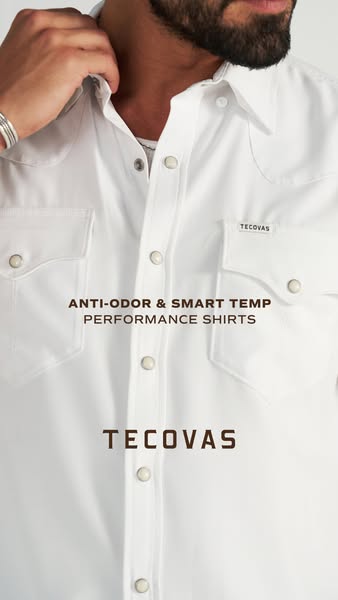 This image ad showcases a man wearing a white button-down shirt and promotes the brand Tecovas. The ad emphasizes featur