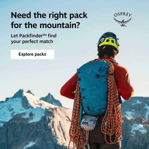 This ad is for Osprey packs, specifically designed for mountain use. It features a person wearing a pack and looking out