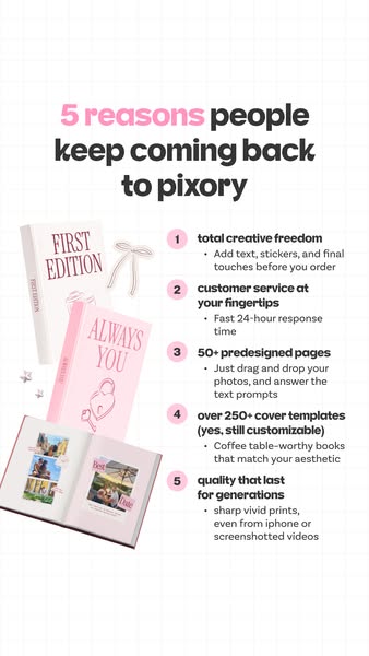 The image ad promotes Pixory, a service that offers customizable photo books. The ad lists five reasons why people keep 