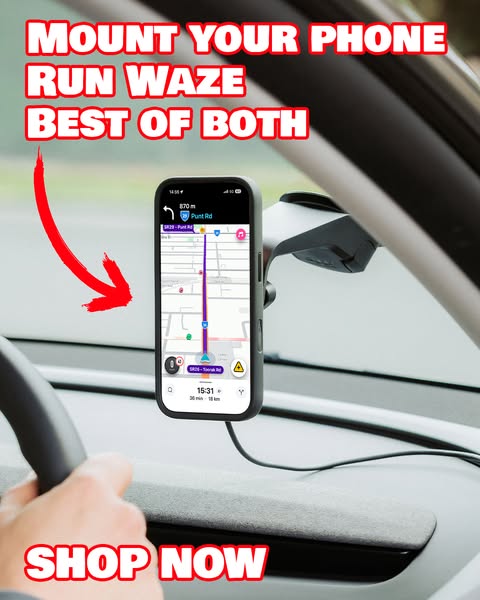 This ad displays a phone that has Waze on it. The phone is mounted on the dashboard and there is a red arrow that points