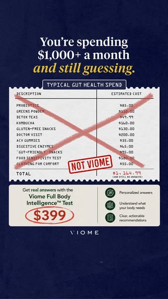 The ad highlights the high costs and guesswork involved in typical gut health spending, positioning the Viome Full Body 