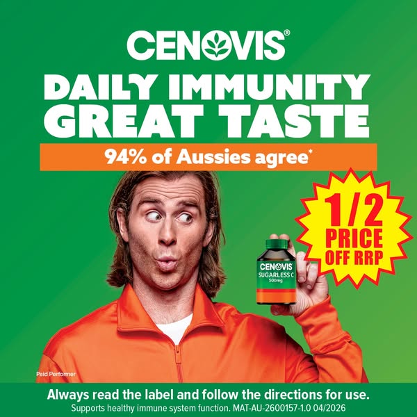 This image ad for Cenovis vitamins features a celebrity endorser holding the product while making a surprised face. The 