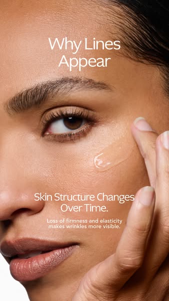 This ad highlights the causes of wrinkles and lines, focusing on the loss of firmness and elasticity in the skin over ti