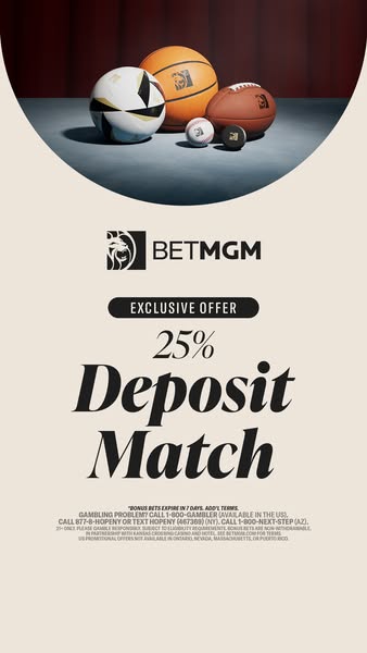 This ad for BetMGM is promoting an exclusive offer of a 25% deposit match. The visual features various sports balls, sub