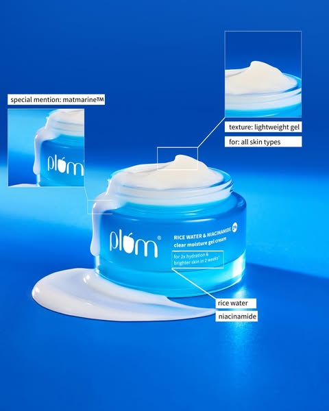 A light blue backdrop showcases Plum's rice water and niacinamide clear moisture gel cream. The image calls out the 