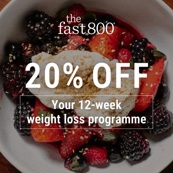 This image ad promotes The Fast 800, a 12-week weight loss program, by offering a 20% discount. The ad features a bowl o