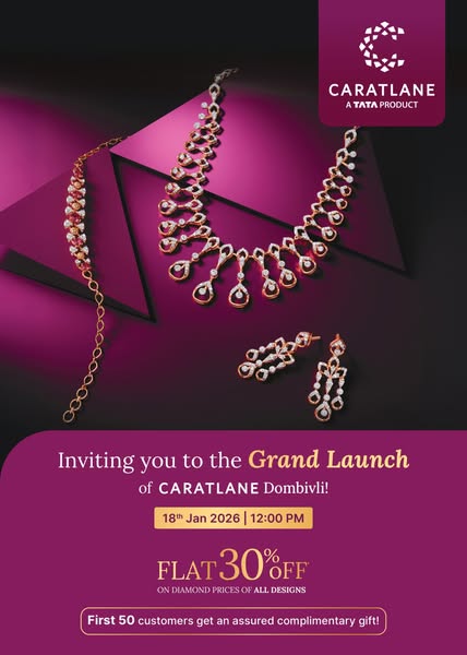 The image ad promotes the grand launch of CaratLane in Dombivli. It features a jewelry set and offers a flat 30% off on 