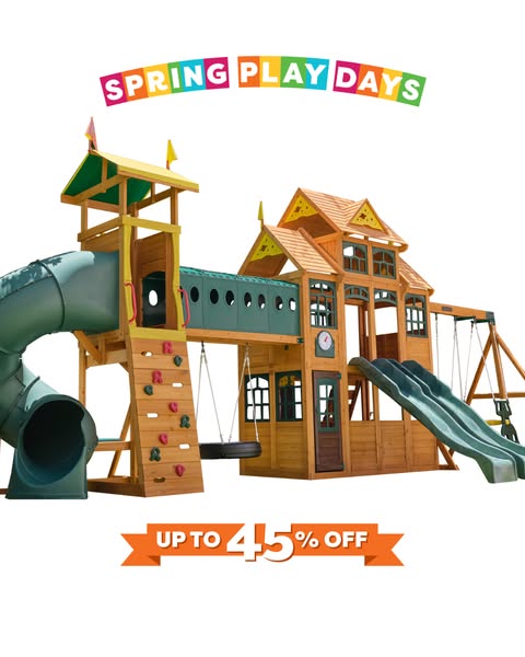 This ad features a wooden playset with a colorful headline promoting a sale.