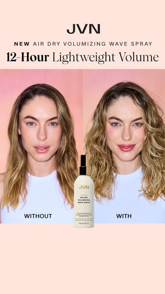 This image ad features a split screen that demonstrates the effects of JVN's Air Dry Volumizing Wave Spray. On the l