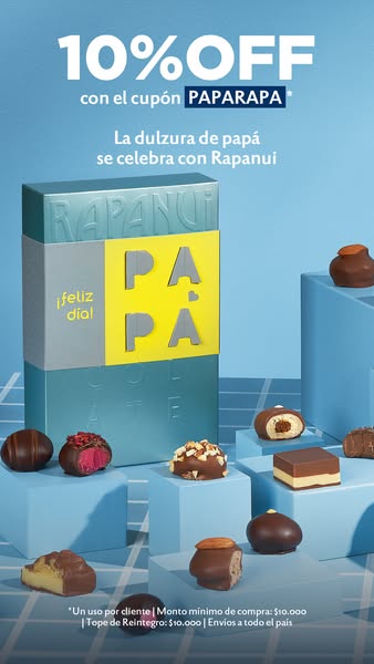 This image promotes Rapanui chocolate as a Father's Day gift, offering a 10% discount with a coupon code.