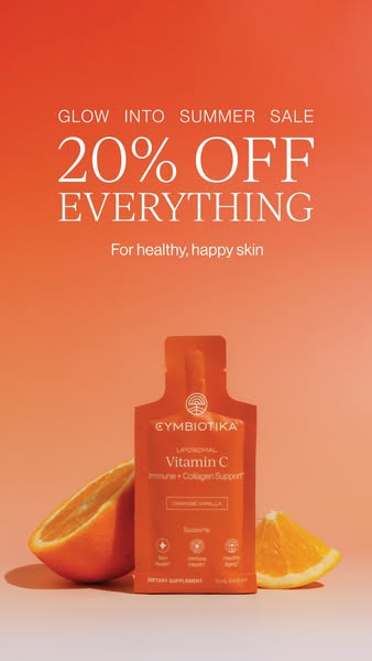 This image ad for Cymbiotika promotes a summer sale with 20% off everything, highlighting their Liposomal Vitamin C supp